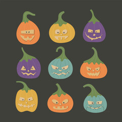 Set of scary Halloween pumpkins. Bright carving candles for party, event, card, banner, invitation