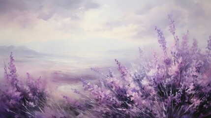 Fototapeta premium a painting of purple flowers in a field with mountains in the background. generative ai