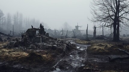 Abandoned battlefields on a cold and foggy day, during first WW. Created using Generative AI technology.