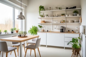 Fototapeta premium Minimal cozy light home style, Scandinavian interior after renovation, featuring white furniture and simple yet functional kitchenware. The shelves are adorned with an assortment of crockery