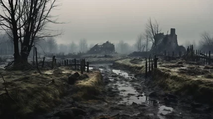 Schilderijen op glas Abandoned battlefields on a cold and foggy day, during first WW. Created using Generative AI technology. © Viktor