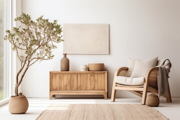 White room with natural wooden furniture, in Scandi Boho style, with a mock frame in the home interior background.