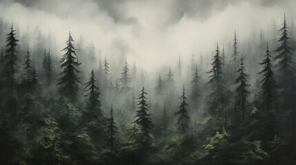  a painting of a foggy forest filled with pine trees.  generative ai