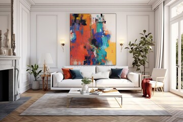 A white living room with a sofa and drawers adorned with artwork, a carpet on the wooden floor. A rendering showcasing a canvas poster on the wall with decorative moldings.