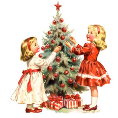 Children with Christmas tree. Vintage Christmas. Retro style.