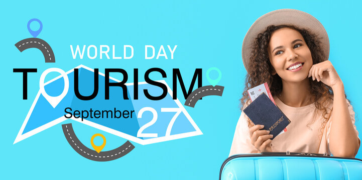 Banner for World Tourism Day with young woman - Powered by Adobe