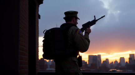 back of soldier on top of the building on the city warzone - Generative AI