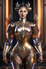 Obraz premium A beautiful cyborg queen with red lipstick in the throne room. Generative AI_3.