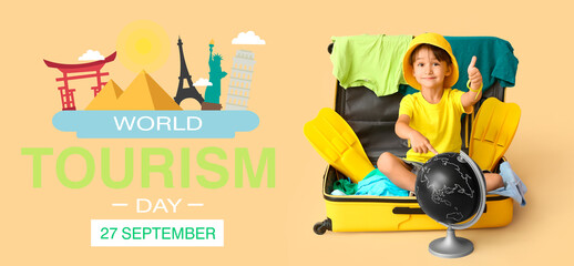 Banner for World Tourism Day with little boy in suitcase