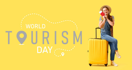 Banner for World Tourism Day with young woman