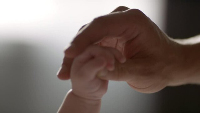 Father and newborn baby. Hand bond. Hand in hand.