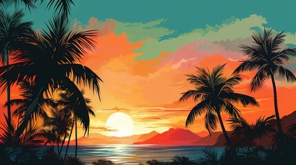  a painting of a sunset with palm trees and the ocean.  generative ai