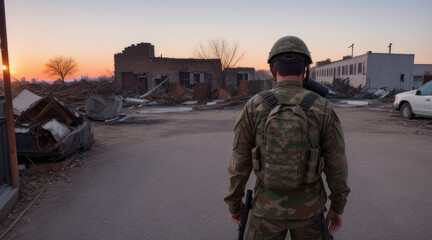 back of soldier walking on the abandon dead town street - Generative AI