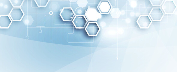 Technology banner design with hexagons abstract background.
