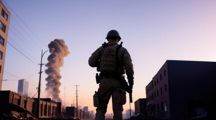 silhouette of a soldier at sunset - Generative AI