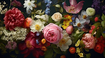 Obraz na płótnie Canvas a close up of a bunch of flowers on a table. generative ai