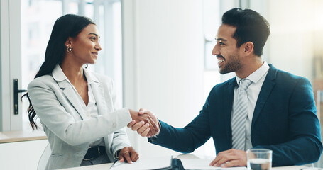 Contract, interview and business people handshake for recruiting and onboarding in office. Thank...