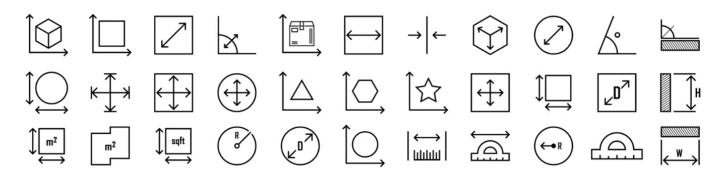 Square, perimeter, distance and diameter icons. Dimension, area and perimeter measure concept. Vector set of linear geometry icons. Geometric symbols collection.