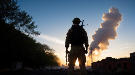 silhouette of a soldier at sunset - Generative AI