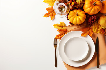 Autumn table setting with pumpkins and flowers for celebration Thanksgiving.  - obrazy, fototapety, plakaty