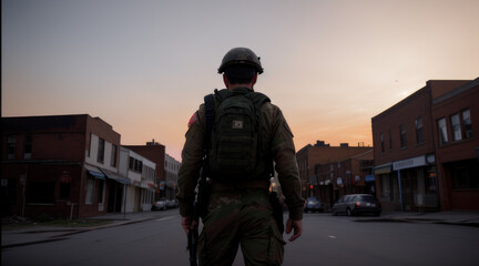 back of soldier walking on the abandon dead city street - Generative AI