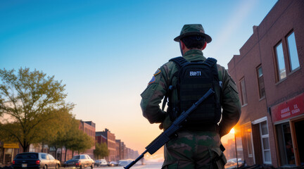 back of soldier patroling in the morning small town - Generative AI