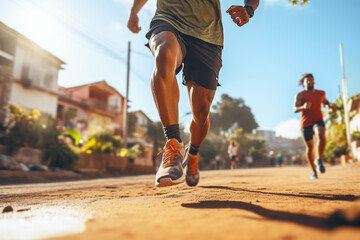 Legs of african american runners sprinting outdoors in urban area close-up. 