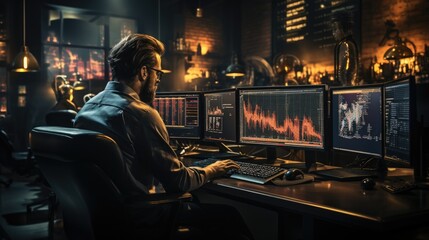 Financial Analysts and Day Traders Working on a Computers with Multi-Monitor Workstations with Real-Time Stocks,Commodities and Exchange Market Charts. Team of Brokers at Work in Agency. Generative Ai