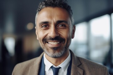 Middle aged businessman of arab ethnicity smiling in a modern office and looking at camera