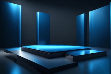 3D rendering product stand pedestral podium platform stage in studio. Modern black and blue shade emission. Abstract minimal product showcase presentation template exhibition advertising event scene - obrazy, fototapety, plakaty