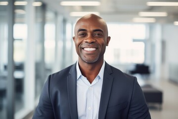 Fototapeta premium Portait of a middle aged businessman of african ethnicity in an office looking at camera