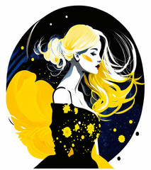A blonde women with yellow and brown dress. Retro style woman illustration.