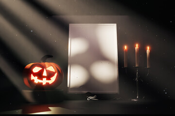 Halloween dark mockup vertical frame with pumpkin and candle in god rays