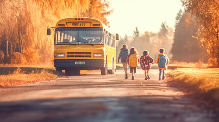 Funny kids with backpacks running to yellow school bus on background. Back to school. 