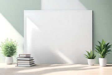 Interior wall mockup with green plant in  and pile of books with cup on empty white background with free space on center