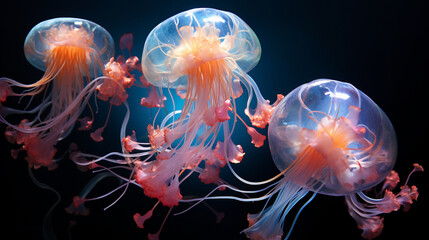Behold a celestial ballet as translucent jellyfish drift gracefully, their bioluminescent trails leaving traces of stardust in the tranquil waters, creating an ethereal dance of li  - obrazy, fototapety, plakaty