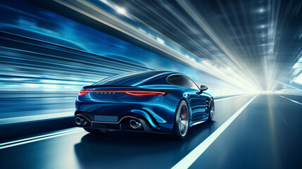 The backside perspective of a sleek blue business car navigating a sharp turn at high velocity. The blue automobile races along a high-speed expressway, showcasing its agility and 