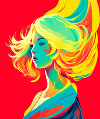 Abstract woman illustration with blonde hair and red dress.