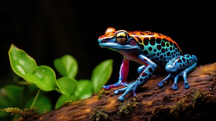 Fototapeta premium a colorful frog sitting on top of a tree branch next to a plant. generative ai