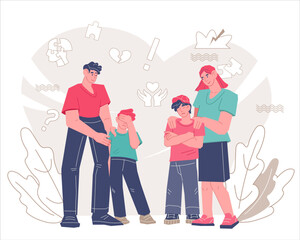 Adolescent crisis help and support, flat vector illustration isolated on white background. Parents resolve conflict and comfort upset children. Family supporting their kids in stress.