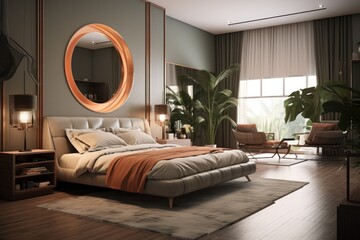 The inside of a trendy room features a spacious bed and a large mirror.
