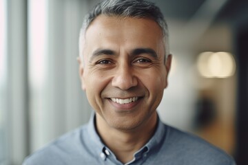 Fototapeta premium Middle aged businessman of arab ethnicity smiling in a modern office and looking at camera
