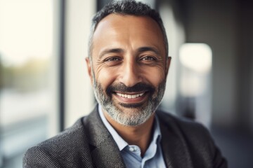 Obraz premium Middle aged businessman of arab ethnicity smiling in a modern office and looking at camera