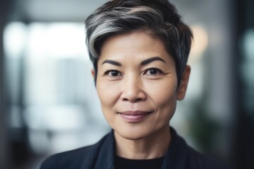 Obraz premium Middle aged asian businesswoman with short hair smiling and looking at camera in office