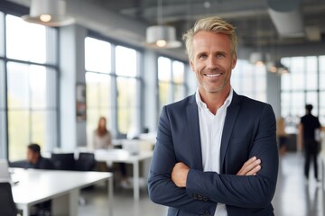 Middle aged scandinavian businessman smiling in the office