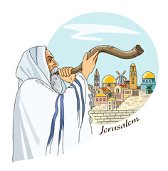 Jew in tallit blowing the shofar of Rosh Hashanah. Hand drawing illustration. - obrazy, fototapety, plakaty