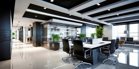 Fototapeta na wymiar Futuristic modern office. Business corporation room - Generative AI