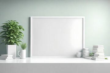 Interior wall mockup with green plant in  and pile of books with cup on empty white background with free space on center