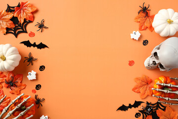 Flat lay composition with Halloween decorations, pumpkins, bats, ghosts, spiders, maple leaves on...