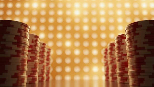 Vip poker stacks of chips on a luxury light flickering background. Gambling game and casino chips. Luck and money jackpot win concept. Copy space for logo name or banner text. Sparkles and bokeh